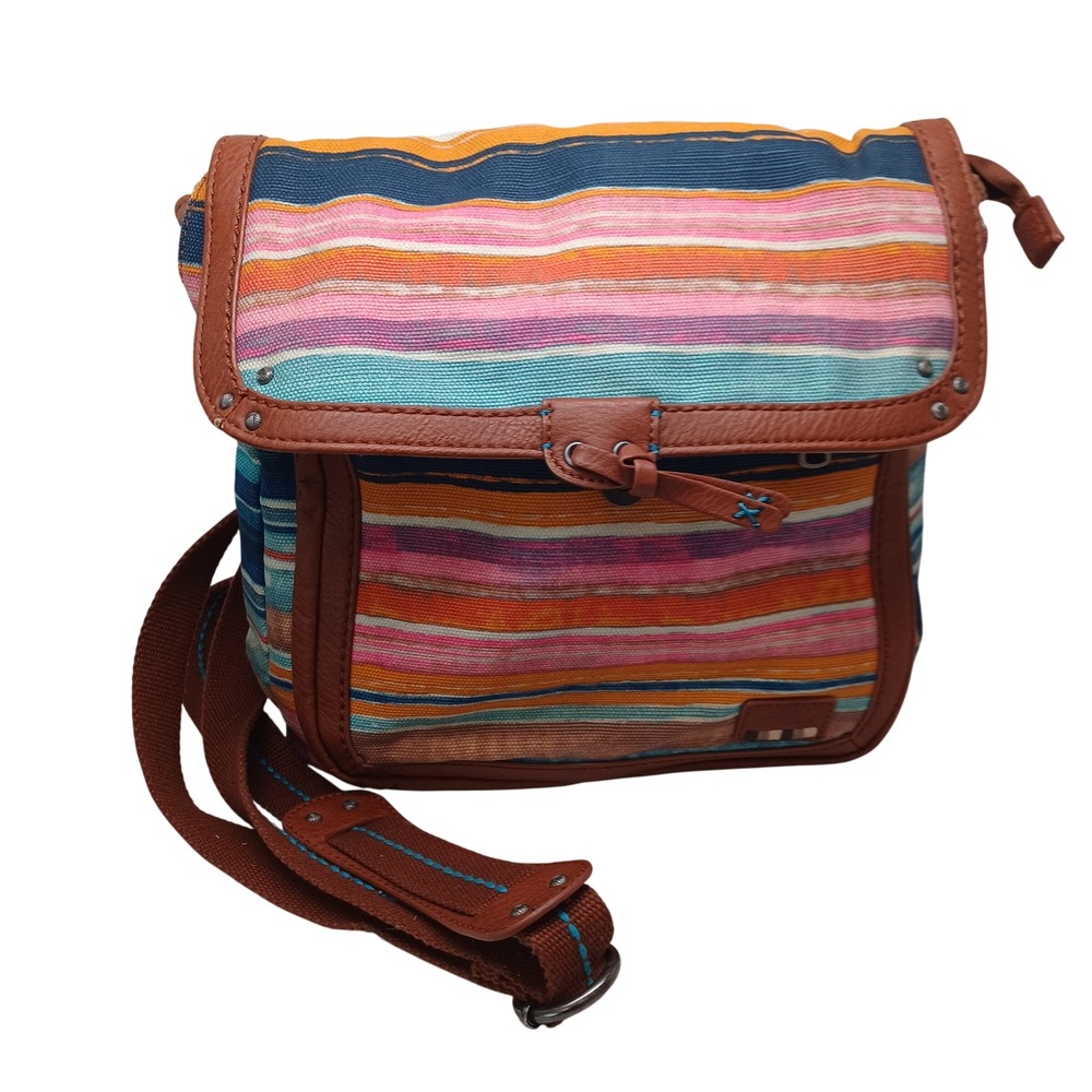 The Sak Convertible‎ Crossbody Backpack Multicolor Striped Canvas Brown Trim